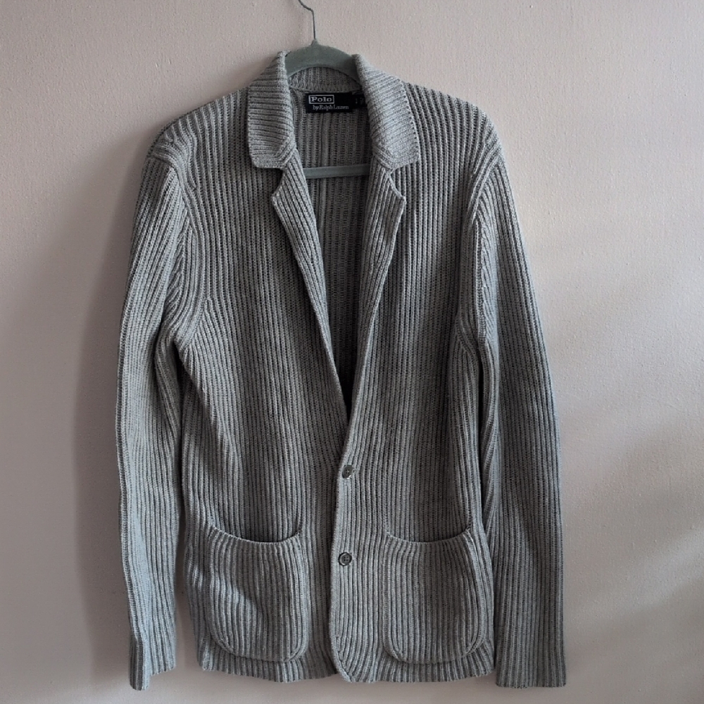 POLO RALPH LAUREN MEN'S LIGHT GREY RIBBED CARDIG